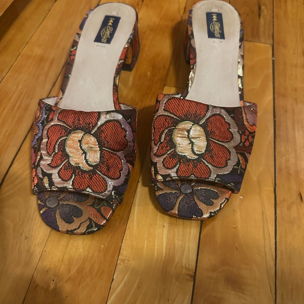Shellys London Red and Purple Mules with Floral Design